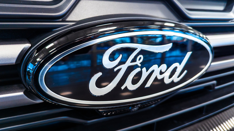 The Ford emblem displayed prominently on the front grille of a vehicle