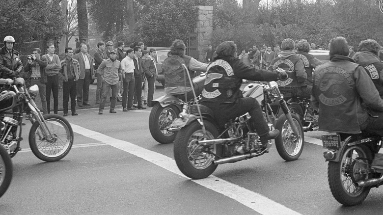 Hells Angels members riding bikes