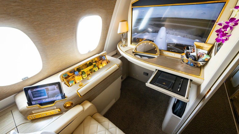 A first-class cabin in an Emirates Airbus A380.