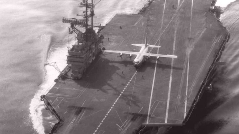 A USMC KC-130F Hercules performing takeoffs and landings aboard the aircraft carrier Forrestal in 1963