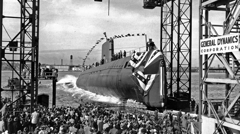 The first nuclear powered submarine the USS Nautilus being launched in 1954