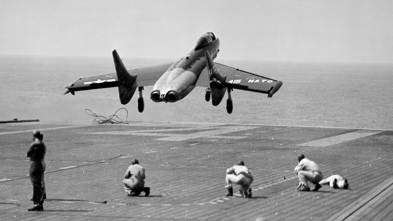 F7U Cutlass taking off from an aircraft carrier