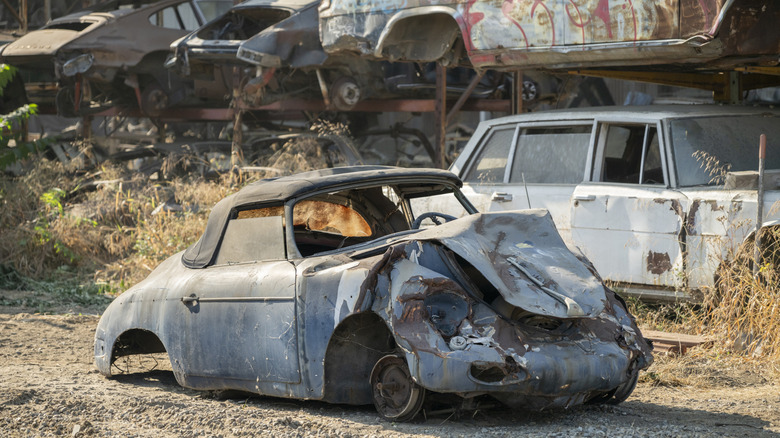 A smashed 1960 Porsche 356 B on a junkyard. It's rusting and missing wheels.