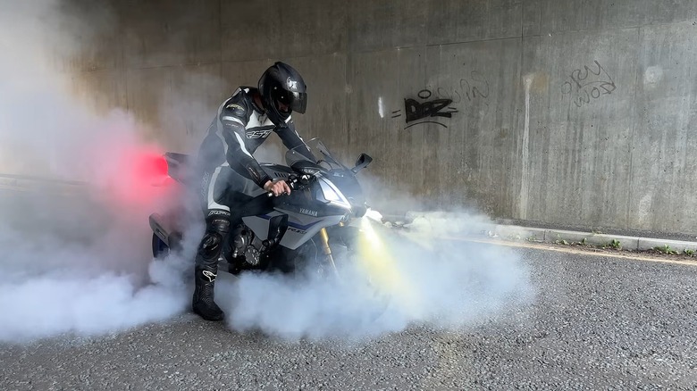 Yamaha R1M Rider Smoking Up The Tire At A Stop