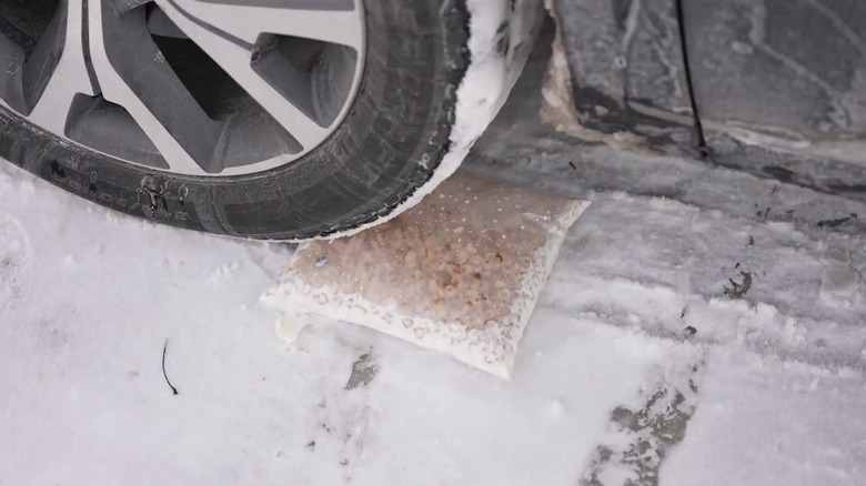 Bag of cereal with milk being reversed over by car