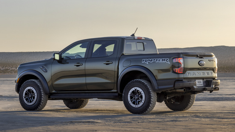 Rear 3/4 view of Ford Ranger Raptor in desert setting