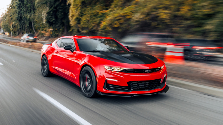 Front 3/4 of a red and black 2022 Chevrolet Camaro