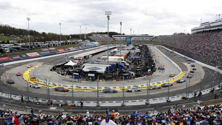 Racers speed around a bend on Martinsville's historic racetrack