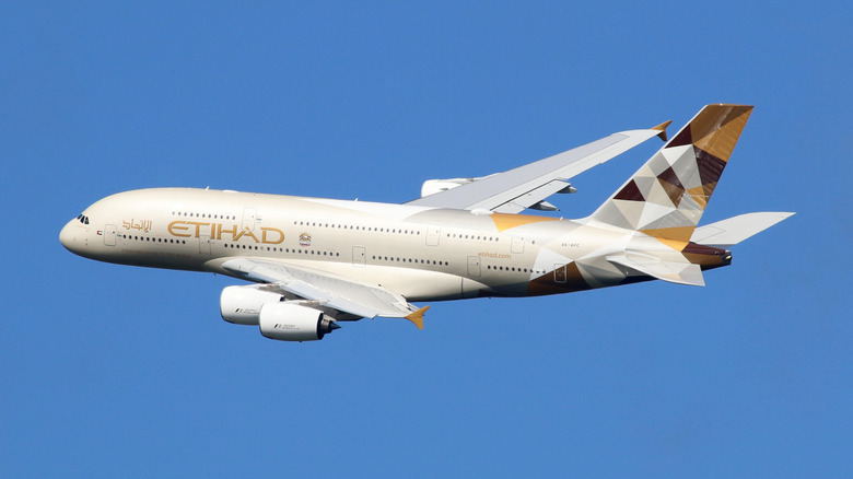An Etihad Airways Airbus A380 in the air