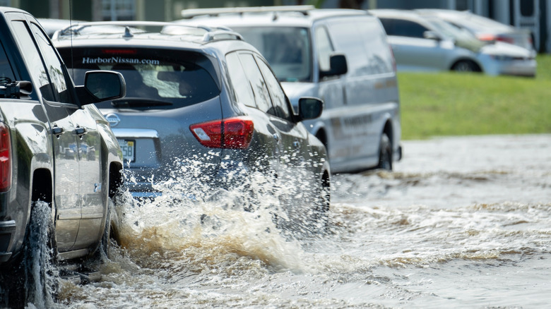 Cars driving on flooded road.