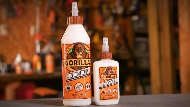 Two bottles of Gorilla Wood Glue on work bench