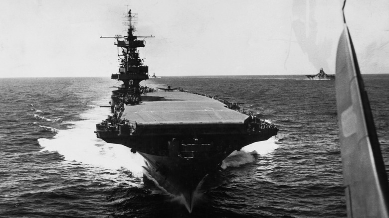 The USS Enterprise (CV-6) seen from a plane shortly after takeoff with the USS Lexington in the background