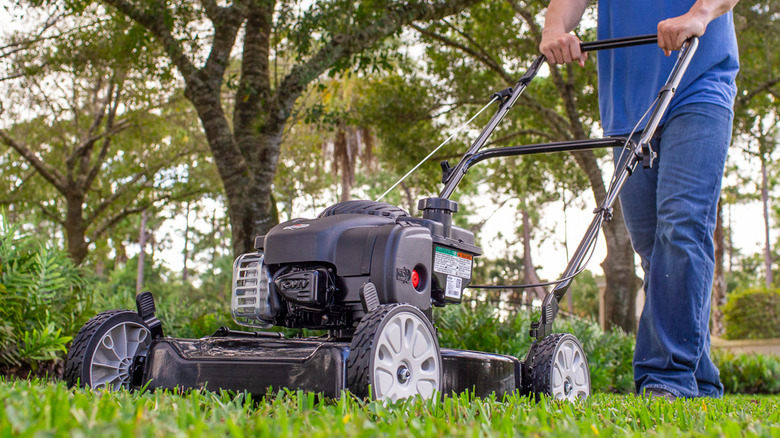 man pushing a Murray 20-inch gas push mower