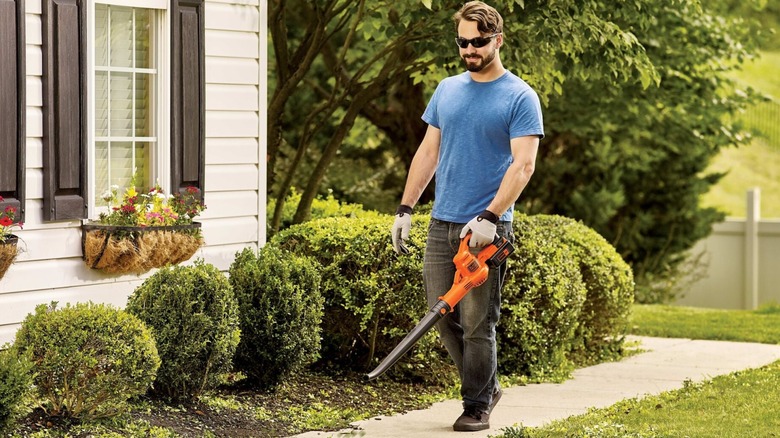 Man uses a leaf blower on pavement