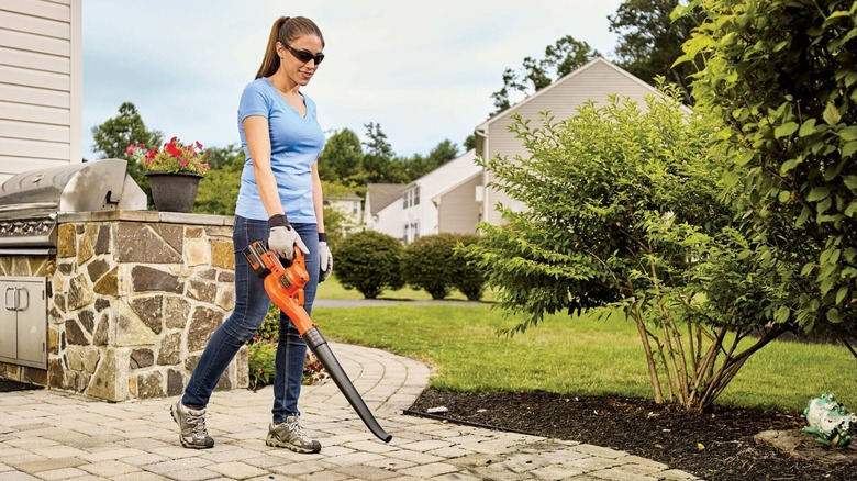 Woman points leaf blower to walkway