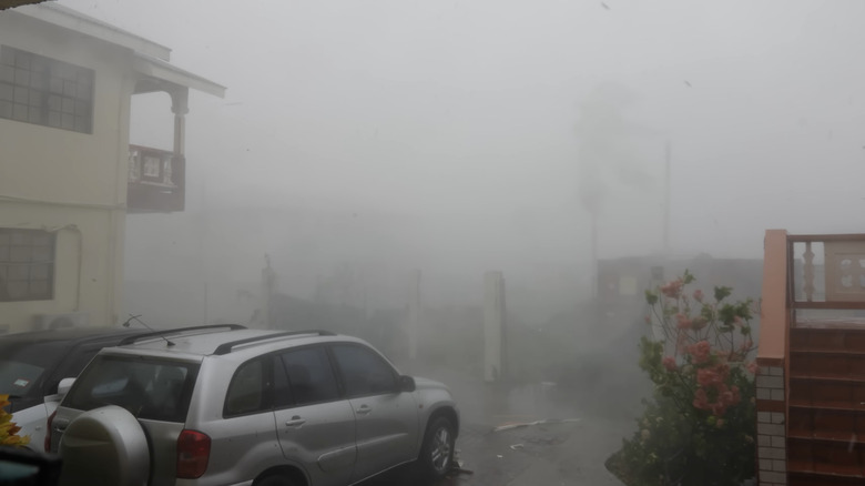 Foggy hurricane weather conditions in Grenada on a neighborhood street