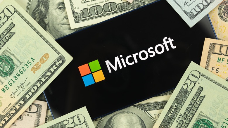 Microsoft logo money pile
