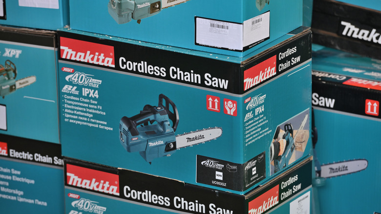 Professional electric Makita brand tools on display at a store