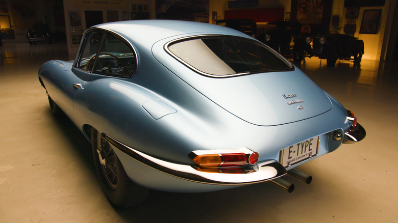 Rear 3/4 view of the restored Jag E-Type in Jay Leno's Garage
