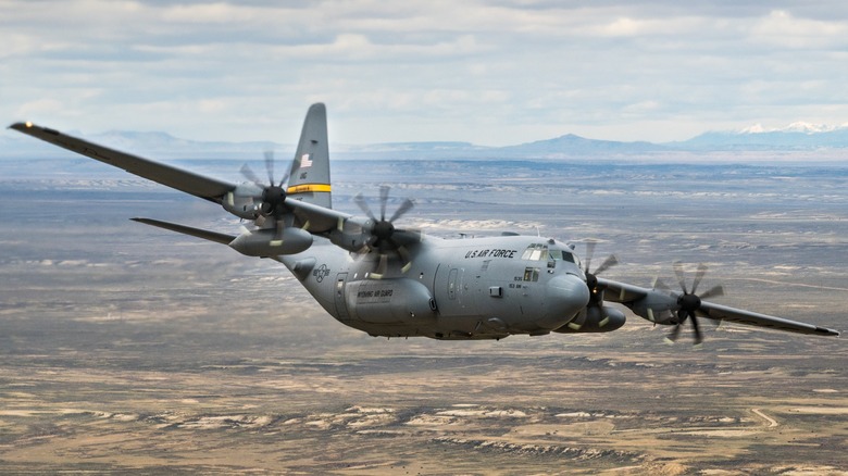 A C-130 Hercules flying over Wyoming