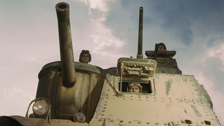 Crew looks out from M3 tank during training in Ft. Knox, Kentucky.