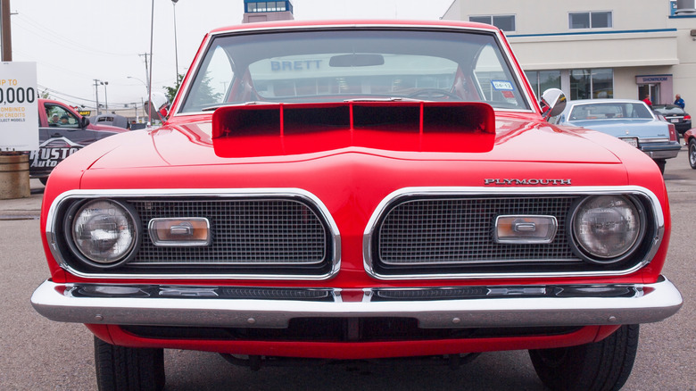 Front view of red HEMI Plymouth Barracuda