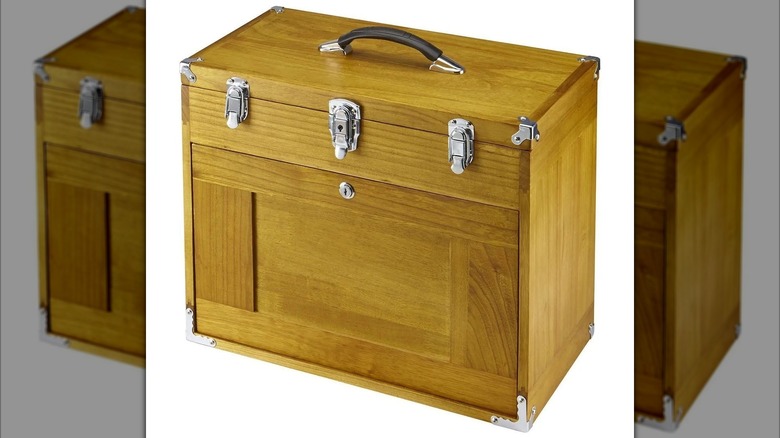 The Windsor Design Wood Tool Chest with the door and lid closed.