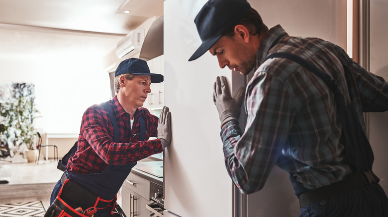 Contractors installing a refridgerator