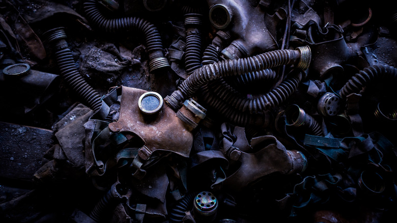 Gas masks in left in a school building on the site of Chernobyl
