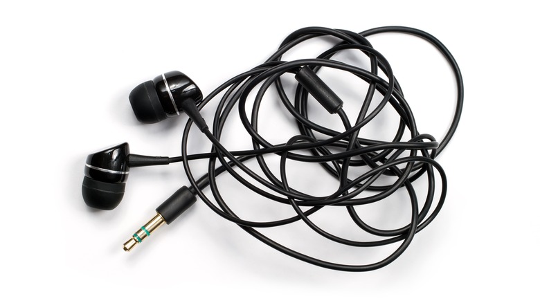 black wired earbuds tangled