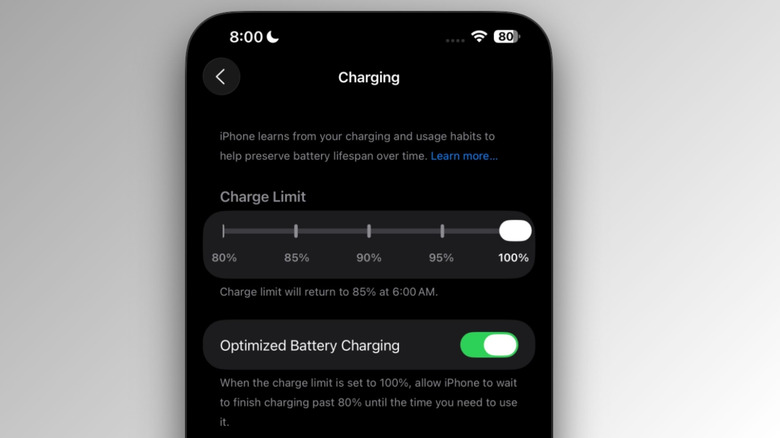 Charging Settings page on iOS 26