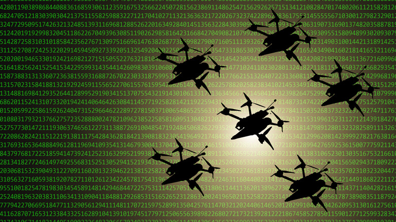 A fleet of drones fly across a backdrop of numbers simulating hacking codes.