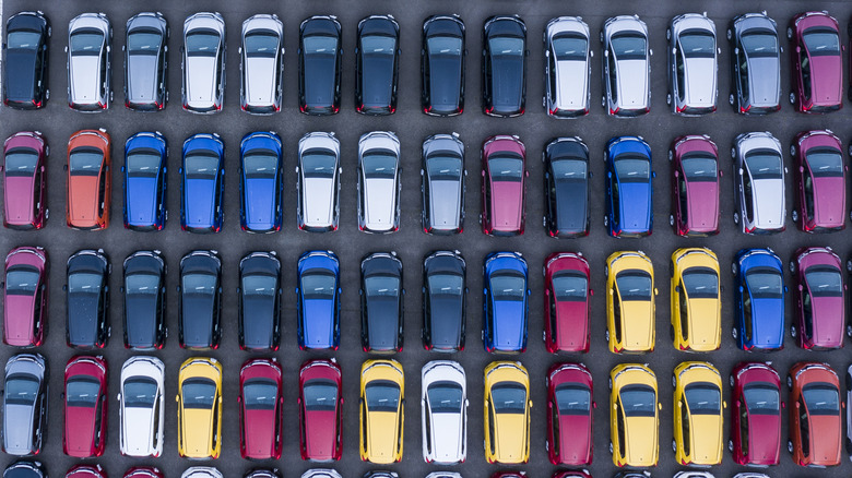 Overhead view of colorful cars