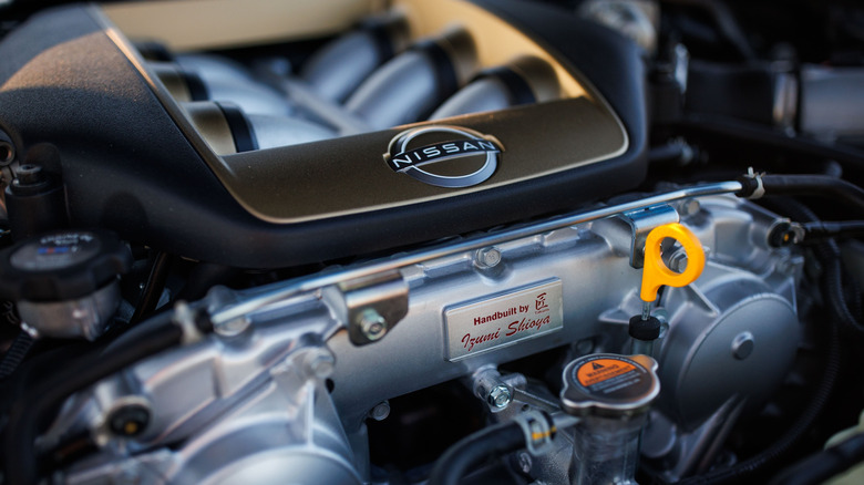 Close-up of the details of the engine of a later R35 Nissan GT-R
