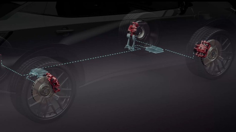 A 3D rendering of Brembo's Sensify brakes in a vehicle.