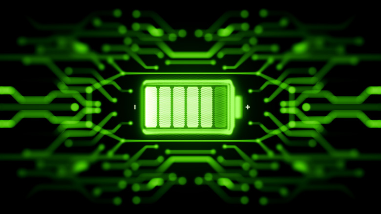 Concept image of a battery and digital circuitry in green on a black background