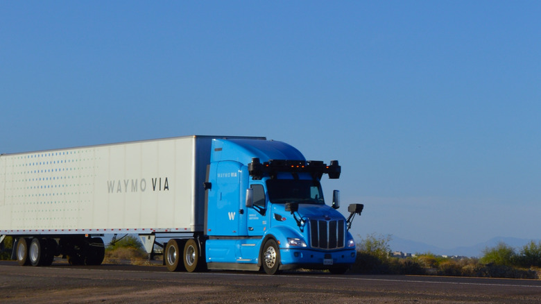 Waymo VIA self driving autonomous semi truck being road tested on a freeway