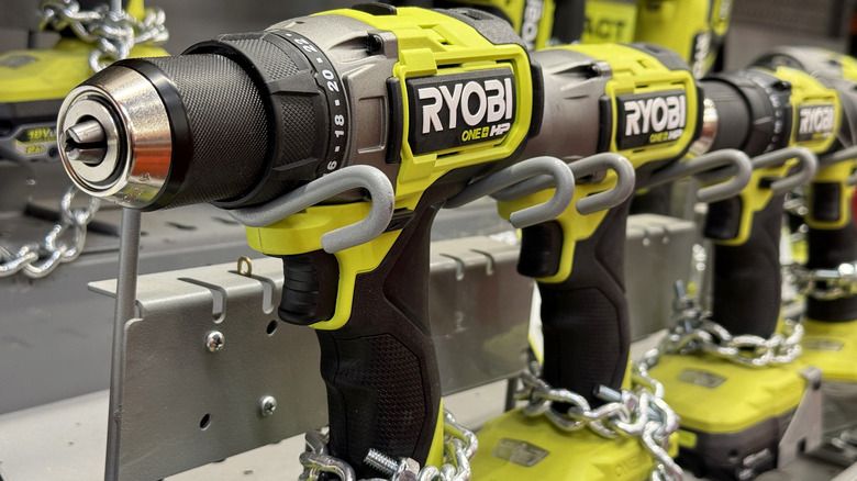 Ryobi drills on display at a Home Depot store