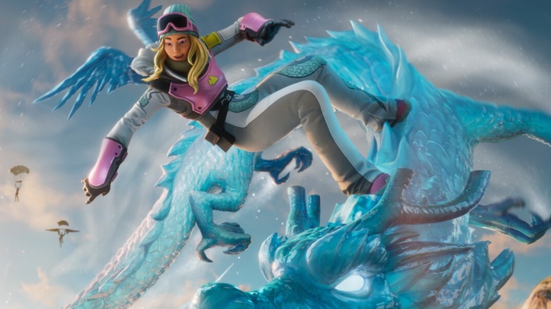 Chloe Kim riding the ice dragon, Nunbola Glider, in "Fortnite."