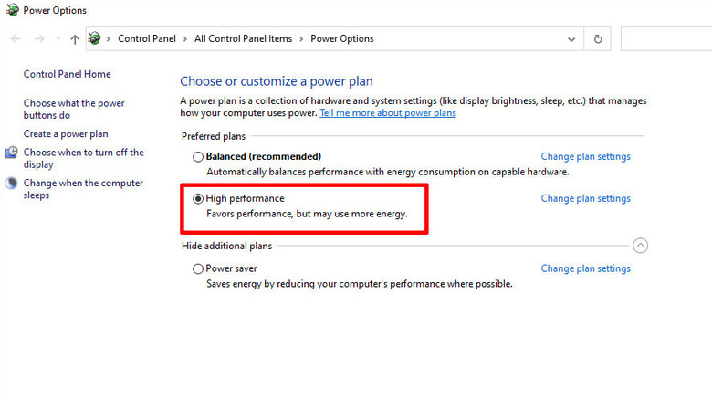 Windows power settings high performance