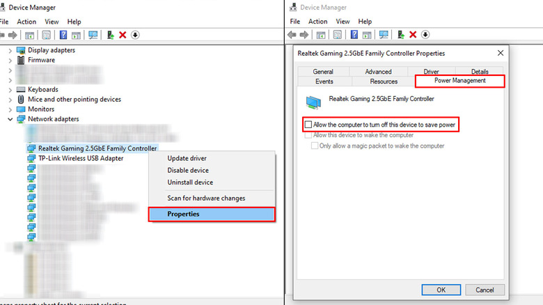 Device manager power management options