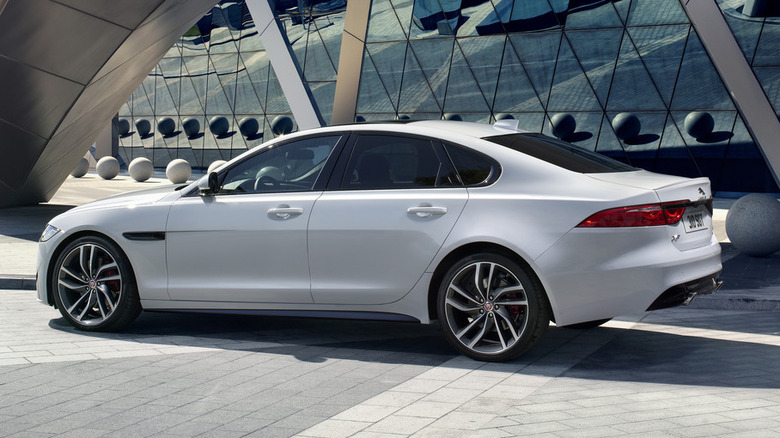 Side shot of a white 2015 Jaguar XFS