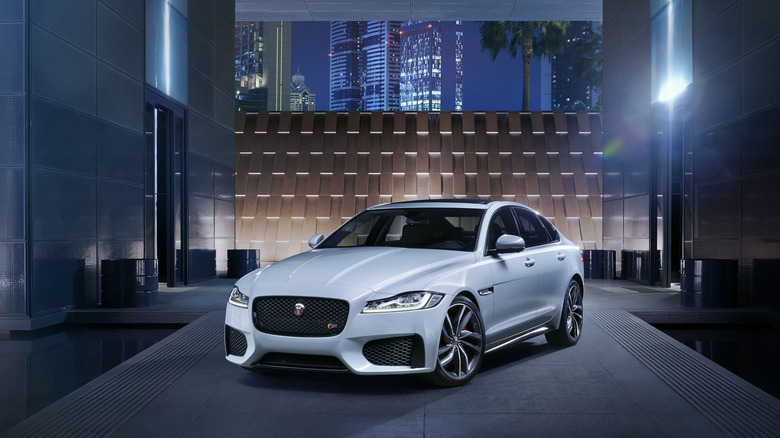 Front shot of a white 2015 Jaguar XFS