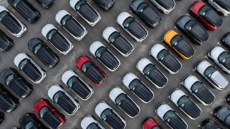 Aerial, top-down view of cars parked at a car dealership