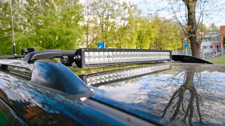 Closeup of an LED light bar installed on the roof of an off-road vehicle