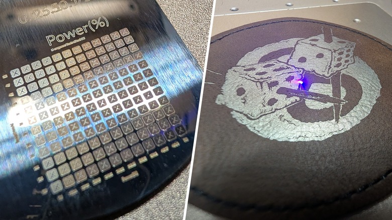 Laser-etched stainless steel dog tag, laser etched leatherette.