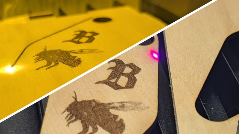 Laser cutter cutting hotel room keychain before and after.