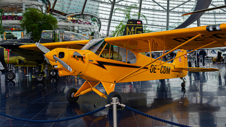 A Piper PA-18-150 Super Cub airplane exhibited in hangar