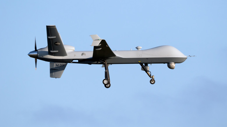 MQ-9 Reaper military drone UAV arriving at Leeuwarden Air Base