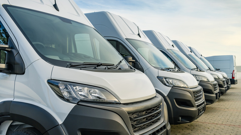 Commercial delivery vans parked in a row